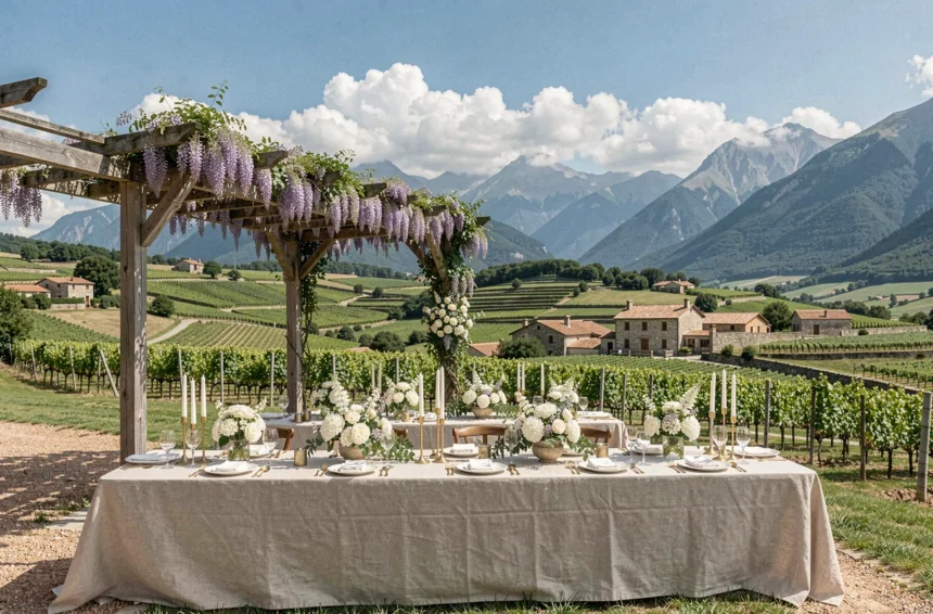 Table de réception de mariage en plein air dans les Pyrénées-Atlantiques avec vue sur les collines basques