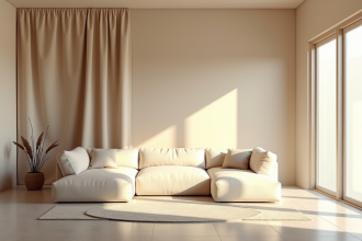 Salon élégant avec murs en tissu beige et lumière naturelle