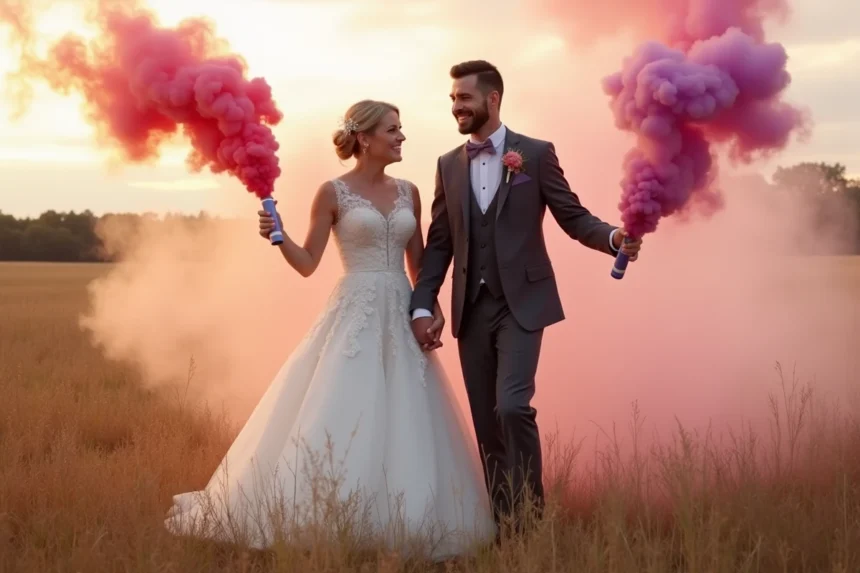 Mariés tenant des fumigènes roses et violets dans un champ lors d'une séance photo de mariage professionnelle