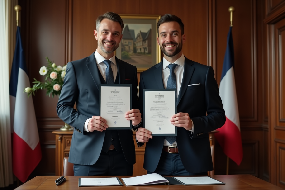 Deux hommes signant papiers de mariage en mairie
