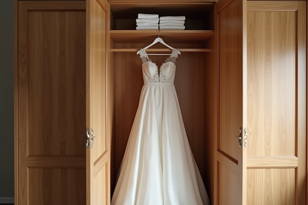 Robe de mariée ivoire suspendue dans une armoire en bois avec des accessoires de conservation comme des sachets de lavande et une boîte de préservation