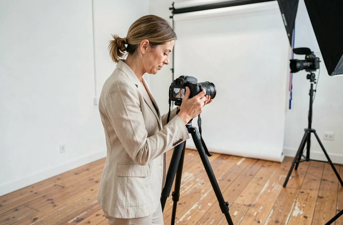 Photographe professionnelle vérifiant ses clichés dans un studio photo au Cannet