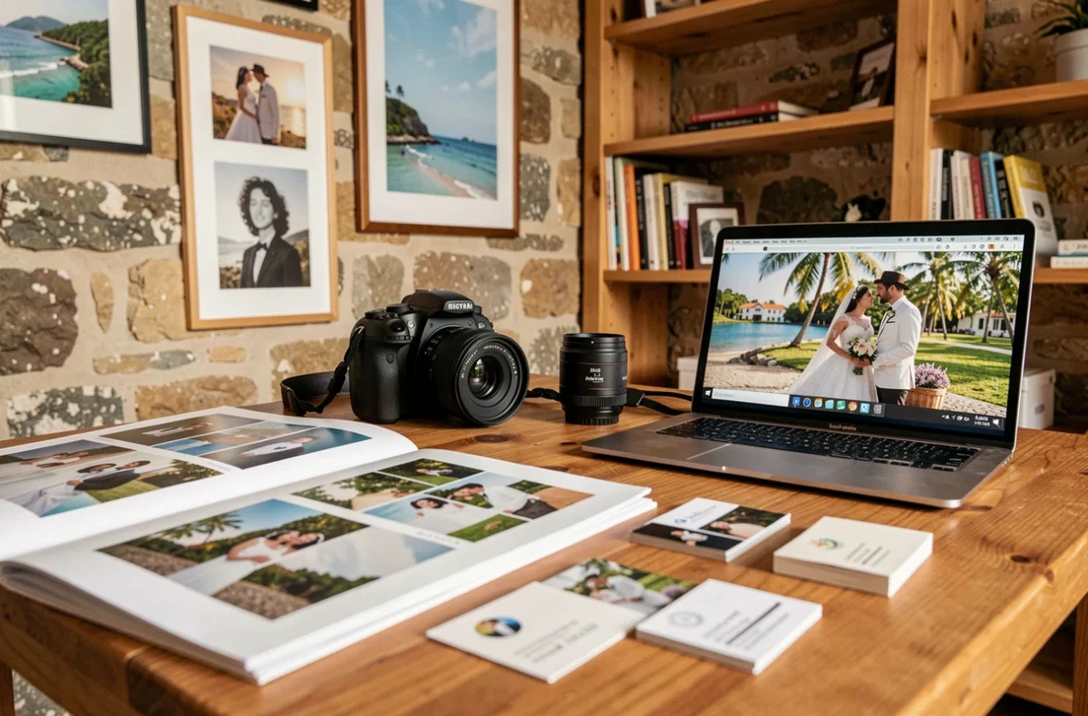 Matériel et portfolio d'un photographe professionnel dans un studio à Saint-Pierre Martinique