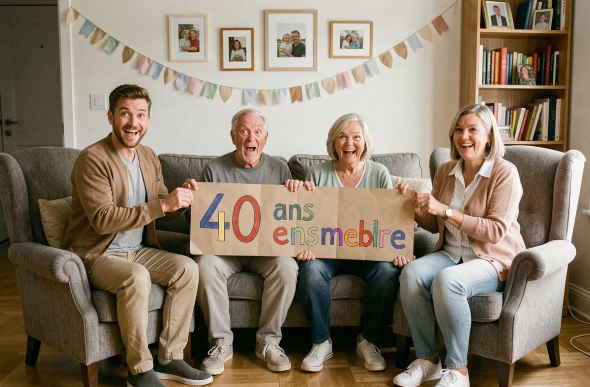 Enfants adultes offrant une surprise à leurs parents pour célébrer leurs 40 ans de mariage dans le salon familial