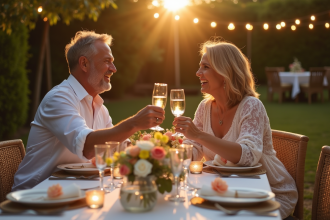Table de jardin élégante pour anniversaire avec couple souriant