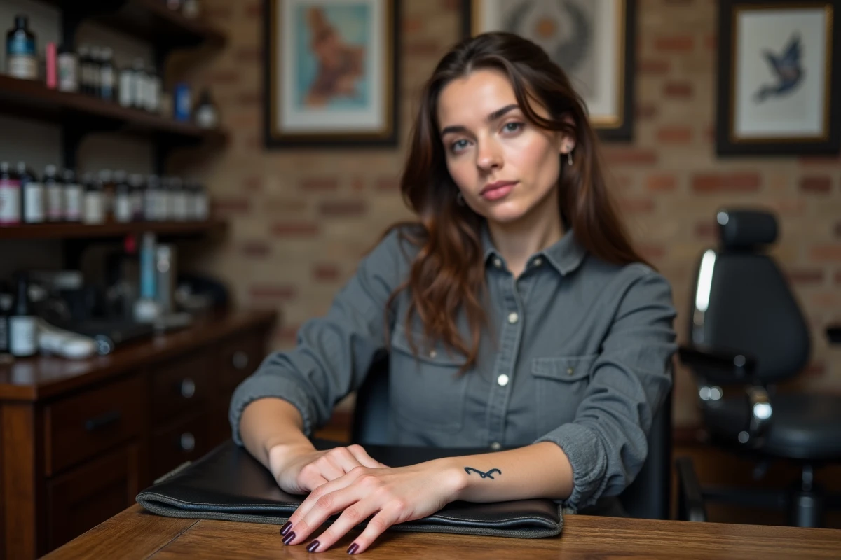 Jeune femme en studio de tatouage avec un tatouage alliance infini fraîchement réalisé sur le dessus du doigt