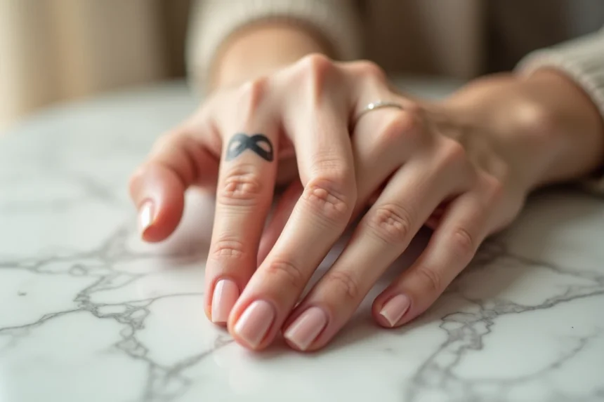 Tatouage infini cicatrisé sur le côté intérieur du doigt annulaire d'une femme, vue macro sur marbre blanc