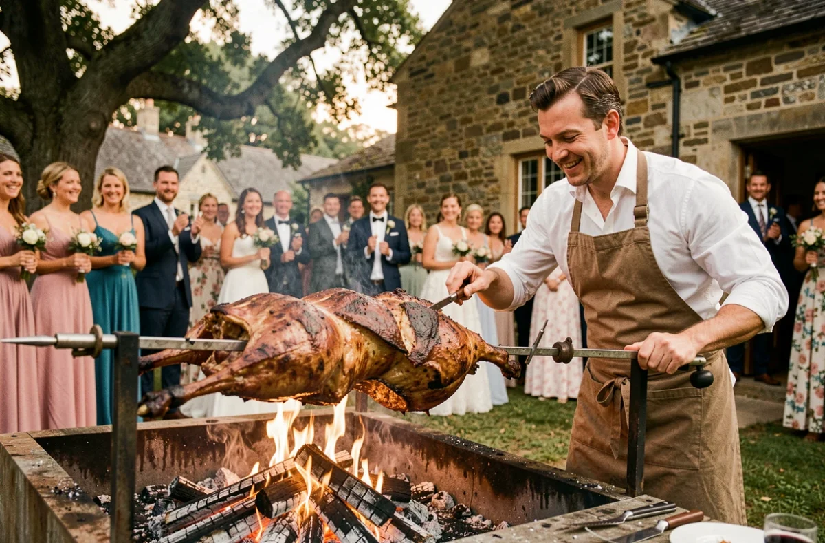 Agneau entier rôti à la broche au tournebroche par Le Tourne Broche Gaulois lors d'un mariage en plein air, avec traiteur en tablier sur fond de ferme en pierre charentaise