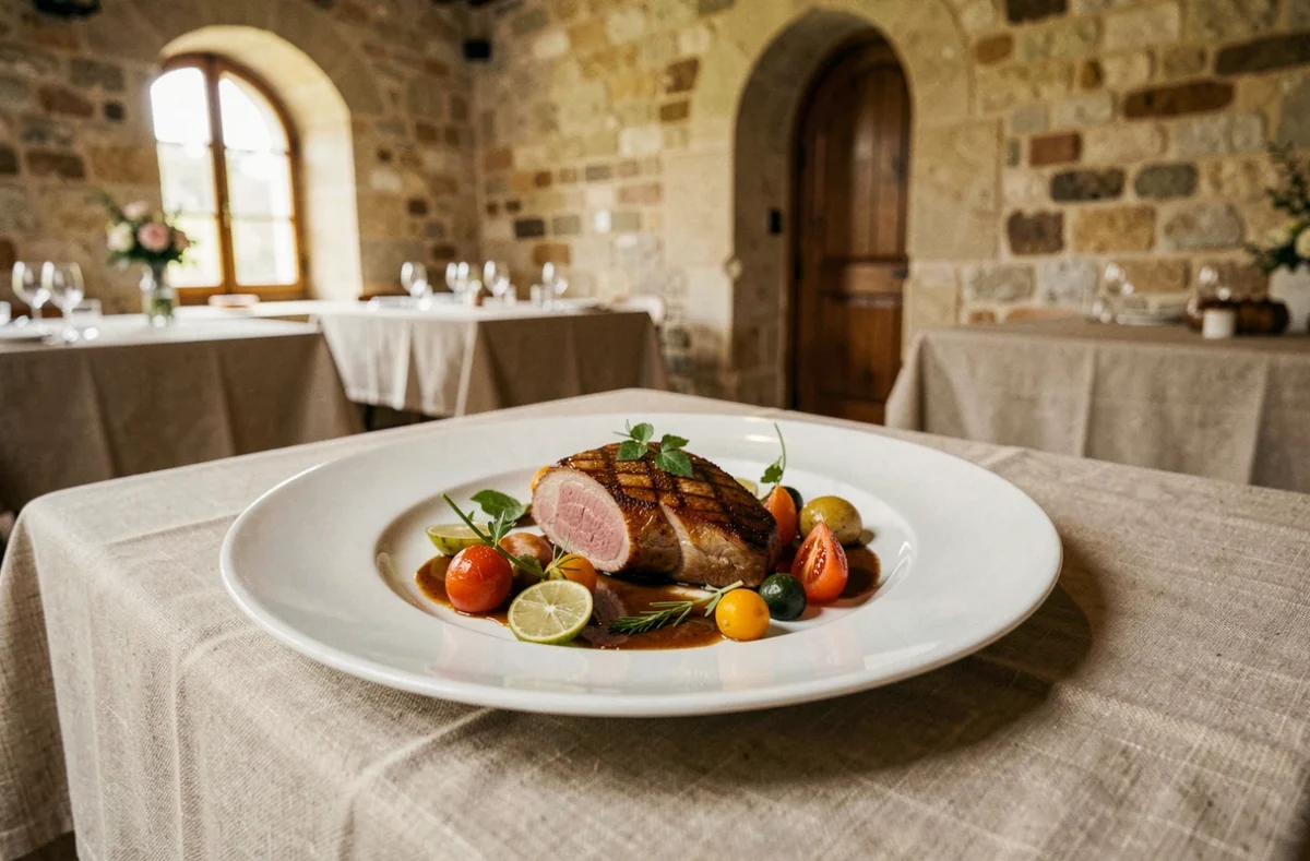 Assiette gastronomique de mariage du Traiteur Henriquet à Pons, dressée avec précision sur fond de pierre charentaise dans une salle de réception historique