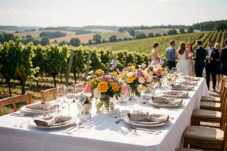 Table de réception de mariage en plein air en Charente-Maritime, avec vaisselle fine et décoration florale élégante dans un cadre de vignes ensoleillées