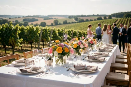 Table de réception de mariage en plein air en Charente-Maritime, avec vaisselle fine et décoration florale élégante dans un cadre de vignes ensoleillées