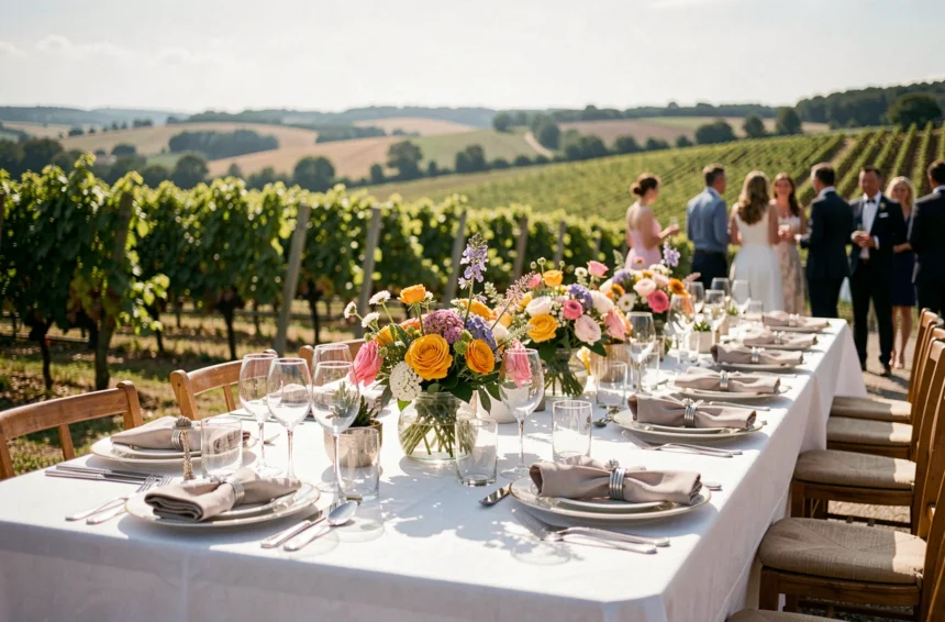 Table de réception de mariage en plein air en Charente-Maritime, avec vaisselle fine et décoration florale élégante dans un cadre de vignes ensoleillées