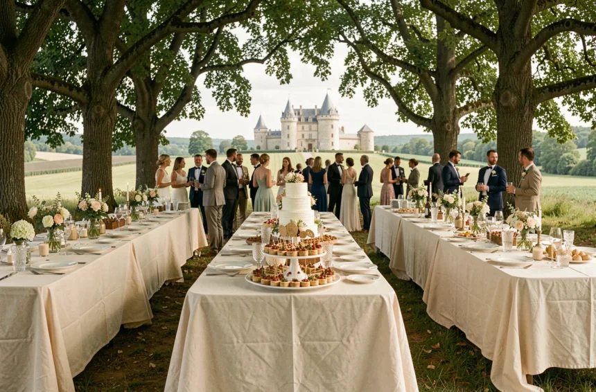 Réception de mariage élégante en plein air en Meurthe-et-Moselle avec buffet gastronomique et décor champêtre lorrain