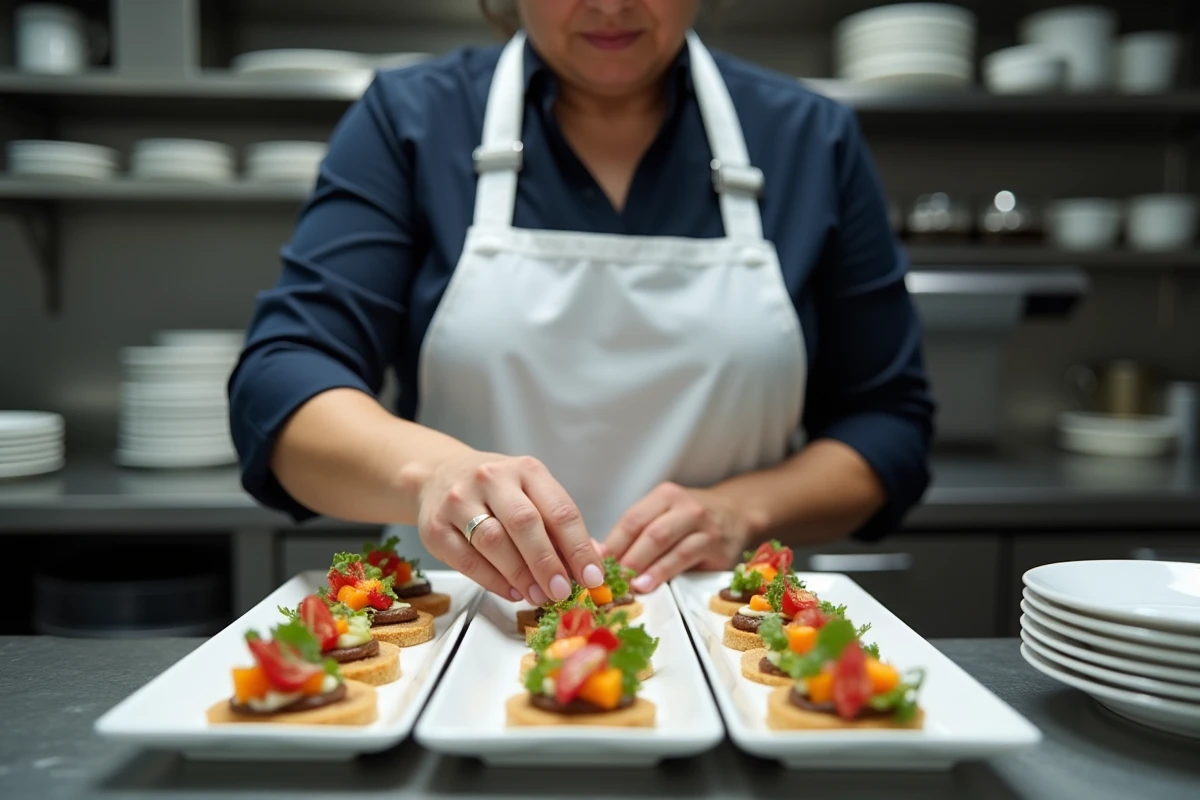 Traiteur professionnelle préparant des plateaux de canapés pour un buffet froid de mariage