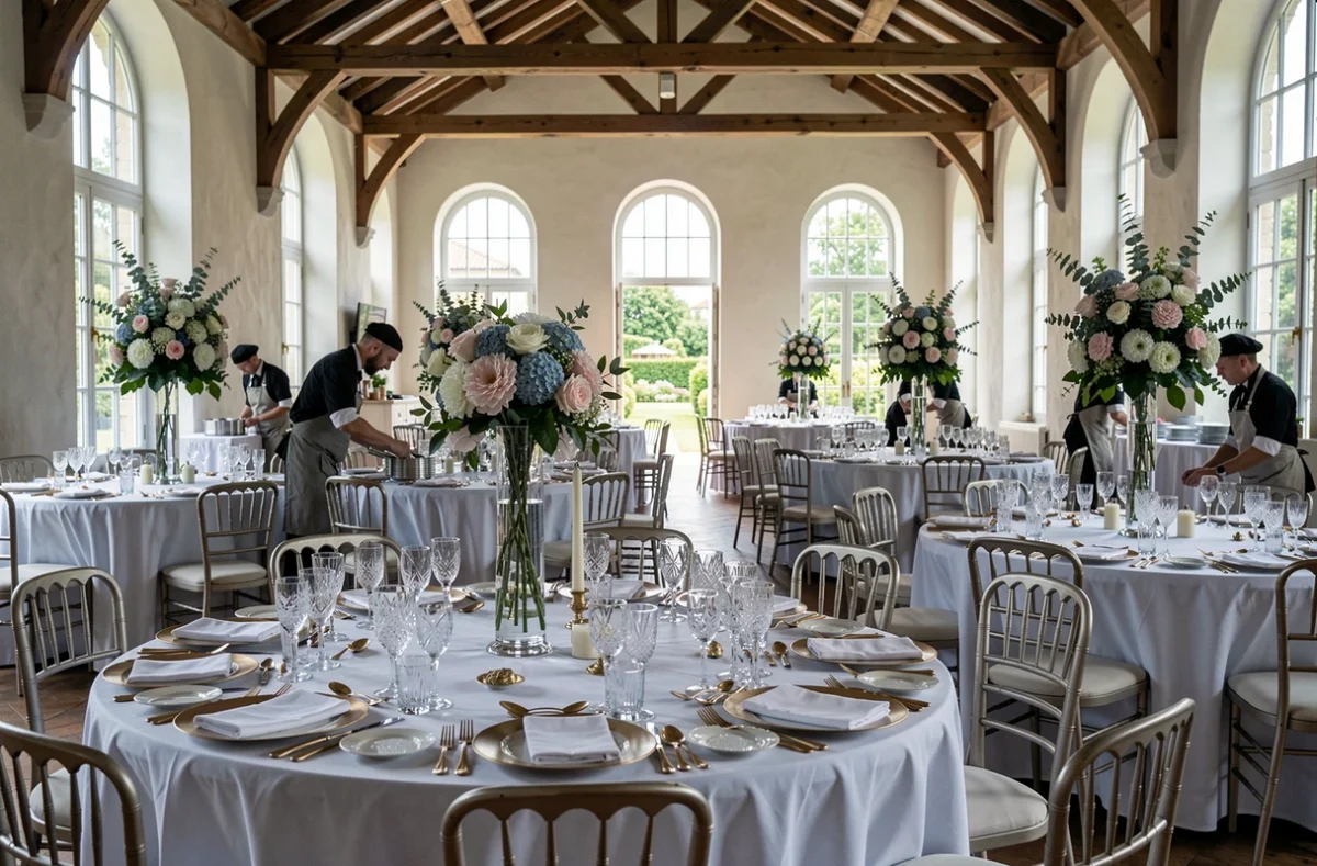 Grande salle de réception de mariage mise en place par Traiteur Vincendon en Charente-Maritime, avec tables rondes fleuries et vaisselle dorée sous des poutres apparentes