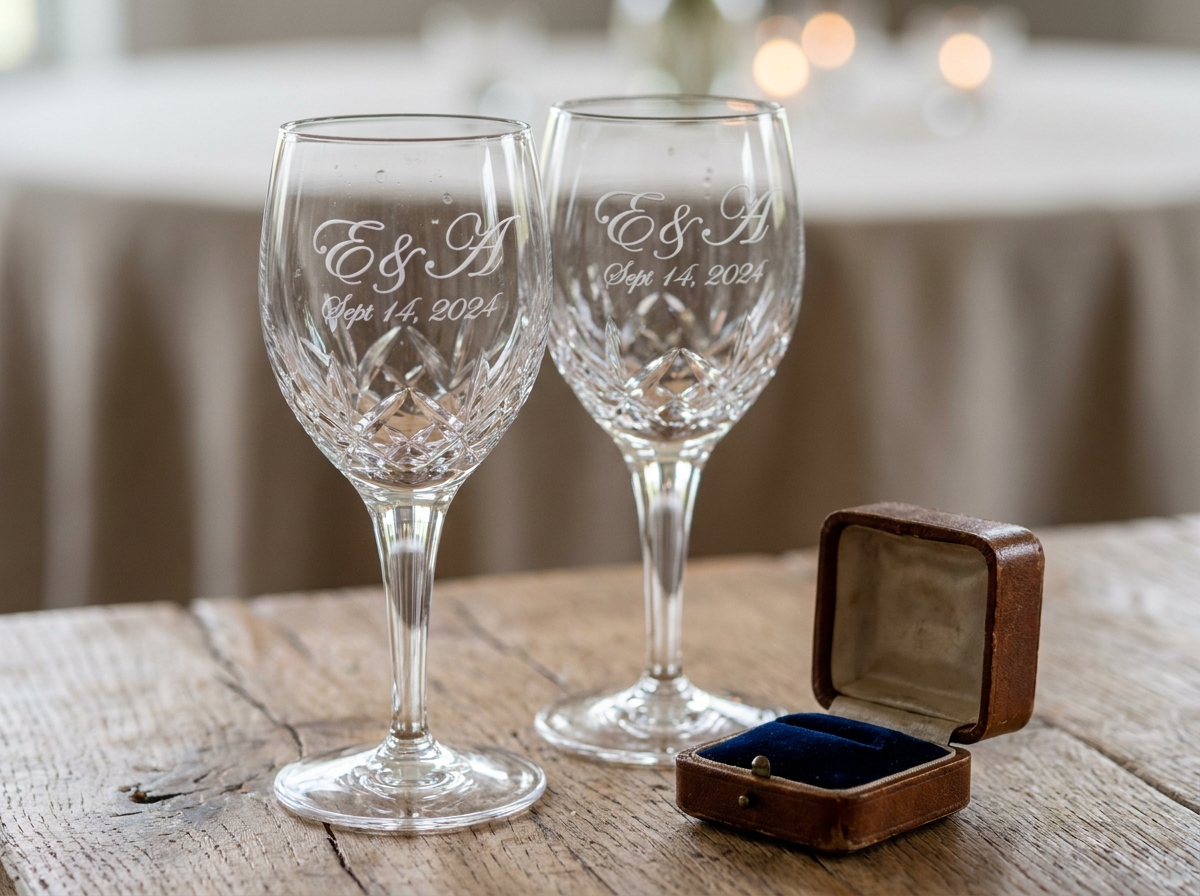 Deux verres à vin gravés artisanaux avec initiales et date de mariage posés sur une table en chêne rustique