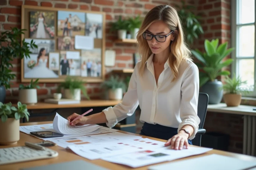 Wedding planner professionnelle analysant un budget de mariage avec devis et échantillons sur un bureau en bois dans un bureau moderne